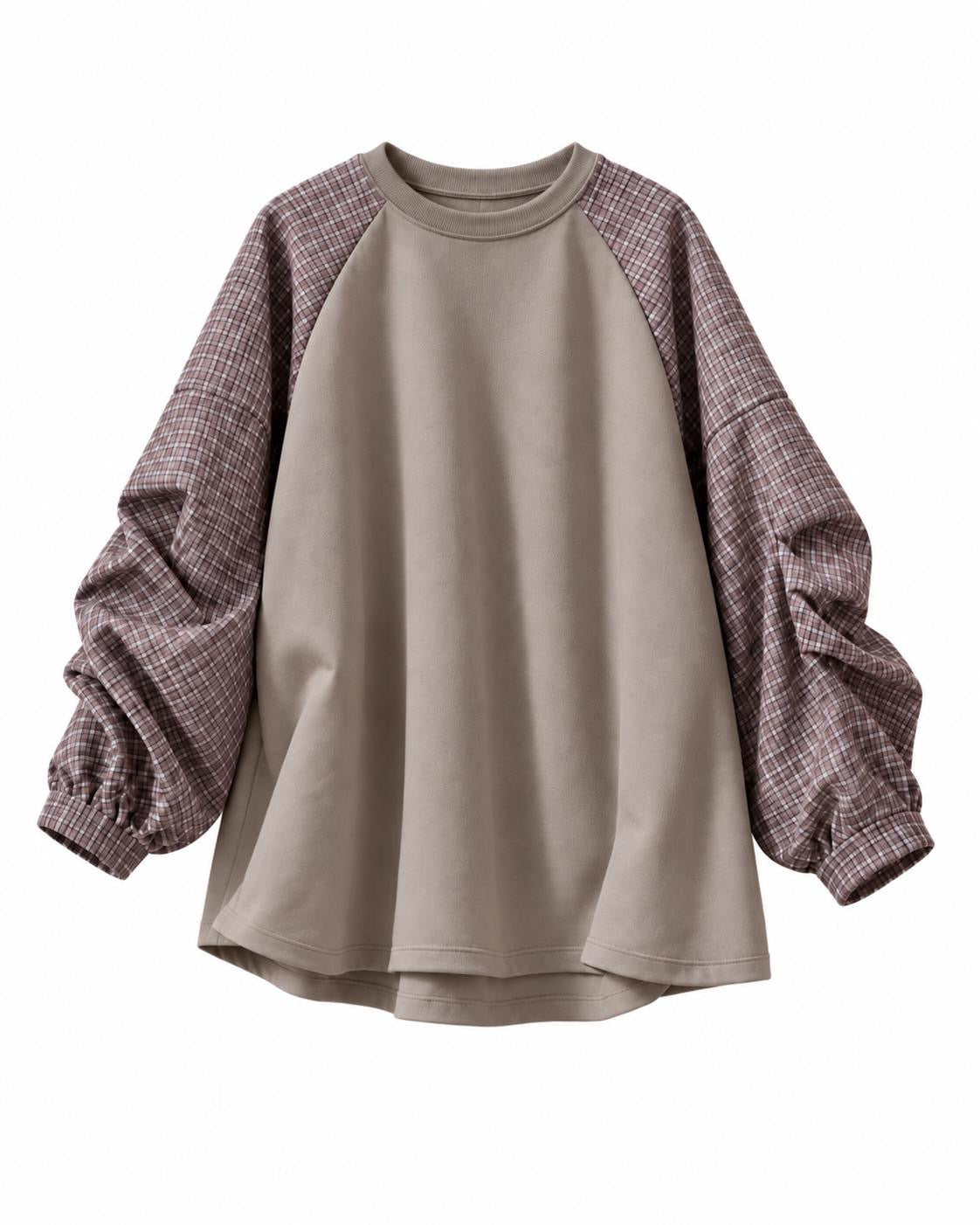 Oversized Sweater met Geruite Pofmouwen – Taupe