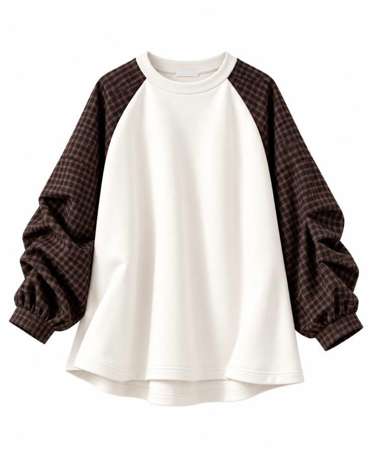 Oversized Sweater met Geruite Mouwen – Cream & Brown