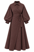 Elegant Wrapped Maxi Dress – Brown Checkered