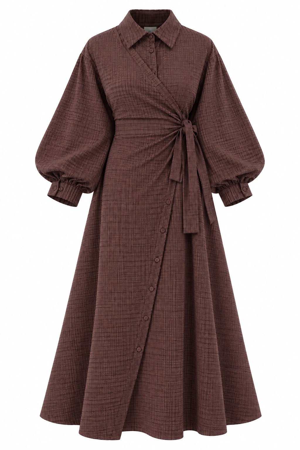 Elegant Wrapped Maxi Dress – Brown Checkered